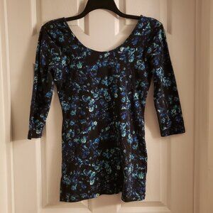 Decree Women's Black Teal Blue Abstract Scoopneck 3/4 Sleeve Large Pullover Top